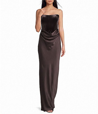  Strapless Velvet Corseted Satin Drape Front Dress