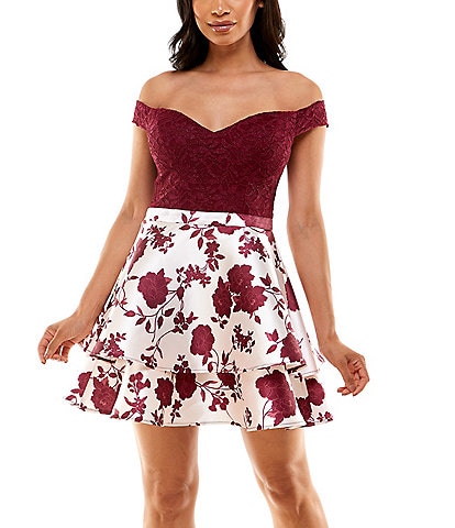 B. Darlin Sweetheart Neck Off-The-Shoulder Fit-And-Flare Floral Dress