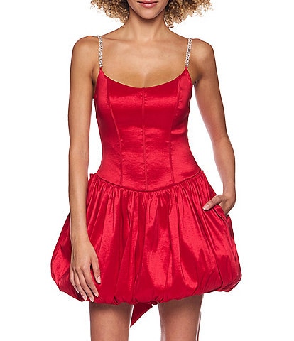 B. Darlin Taffeta Scoop Neck Bustier Rhinestone Strap Drop Waist Bubble Bow Back Dress