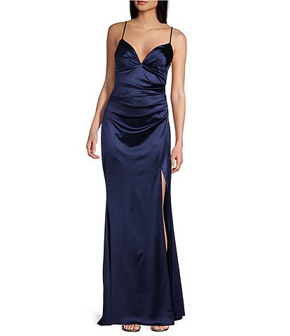 B. Darlin V-Neck Shirred Front Slit Long Satin Dress