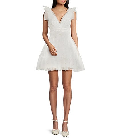 B. Darlin Wide Bow Straps V-Neckline Pearls Party Skirt Dress