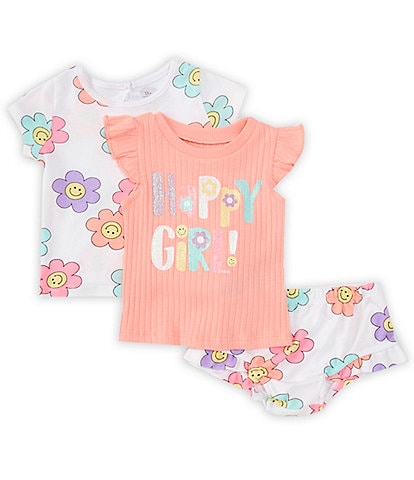 Baby Girls 12-24 Months Flutter Sleeve Happy Girl T-Shirt & Short Sleeve Smiley Face Flower-Printed T-Shirt & Short Set