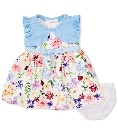 Baby Girls Newborn-24 Month Flutter Sleeve Multi-Color Floral Jacquard Dress With Bow