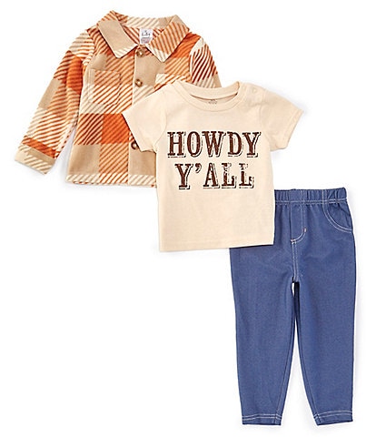 Baby Starters Baby Boys 12-24 Months Long Sleeve Plaid Jacket, Short Sleeve Howdy Ya'll T-Shirt & Denim-Look Knit Pant Set