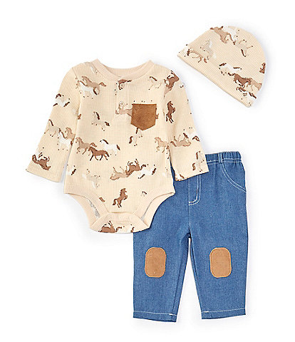 Baby Starters Baby Boys 3-9 Months Long Sleeve Horses-Printed Waffle-Knit Bodysuit & Hat & Denim jeans Set