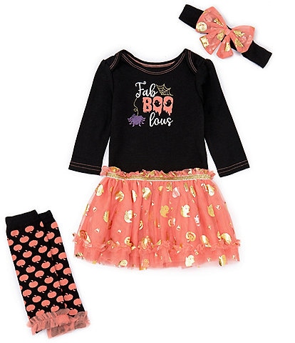 Baby Starters Baby Girls 3-12 Months Long Sleeve Fab Boo Lous Graphic Bodysuit Dotted Tutu Skirt & Dotted Leg Warmers Set