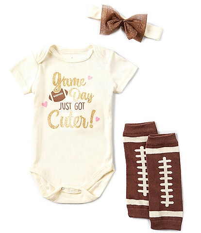 Baby Starters Baby Girls 3-12 Months Short Sleeve Game Day Bodysuit & Football Print Leg Warmers & Bow-Accented Headband Set