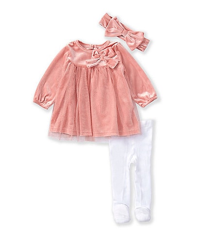 Baby Starters Baby Girls 3-9 Months Long-Sleeve Velvet-To-Mesh Empire-Waist Dress & Coordinating Footed Tights Set