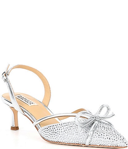 Badgley Mischka Angelina Satin Rhinestone Embellished Bow Slingback Pumps