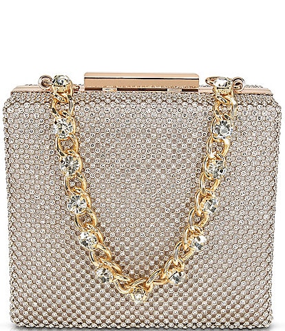 Jewel by Badgley Mischka Katie Crystal Mini Box Clutch Bag with Rhinestone Inset Chain