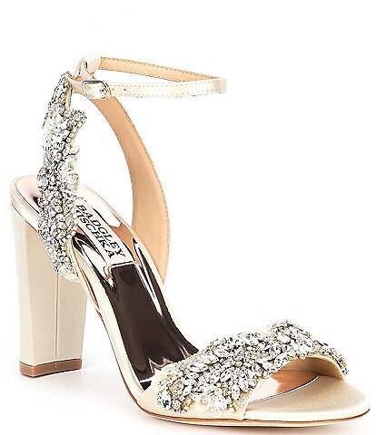 Badgley Mischka Libby Crystal Embellished Ankle Strap Satin Dress Sandals