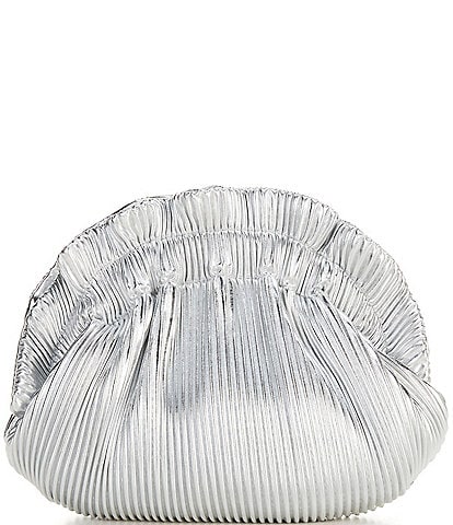 Badgley Mischka Jewel Piper Gold Metallic Faux Leather Ribbed Dumpling Ruffle Clutch