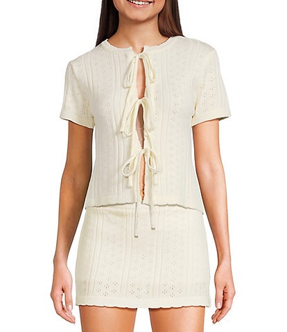 Bailey Rose Short Sleeve Pointelle Tie Front Coordinating Top