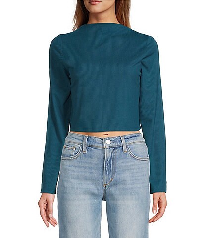 band of the free Avril Ribbed Knit Mock Neck Long Bell Sleeve Tie Back Top