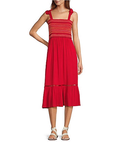 band of the free Montauk Embroidered Square Neck Sleeveless Tie Strap Midi Dress