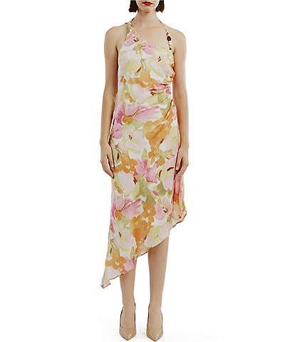 Bardot Andy Floral Print Halter Neck Sleeveless Beaded Strap Asymmetrical Hem Midi Dress