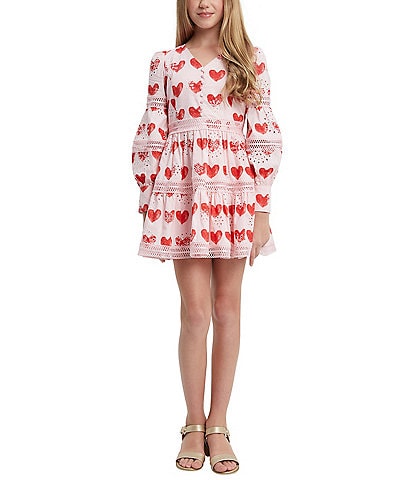 Bardot Big Girls 7-16 Balloon-Sleeve Heart Printed Venise Broderie Mini Dress