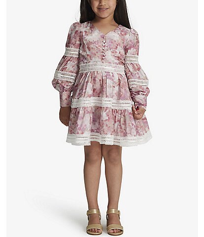 Bardot Big Girls 7-16 Long-Sleeve Venice Abstract-Printed Lace-Trimmed Fit-And-Flare Dress