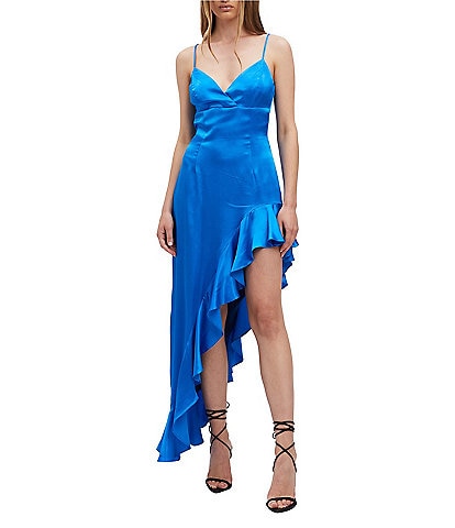 Bardot Ember Silk V-Neck Spaghetti Strap Sleeveless Ruffle Asymmetrical Hemline Midi Dress