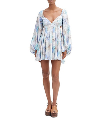 Bardot Jovie V-neck Cut Out Back Long Puff Sleeve Floral Printed Babydoll Dress