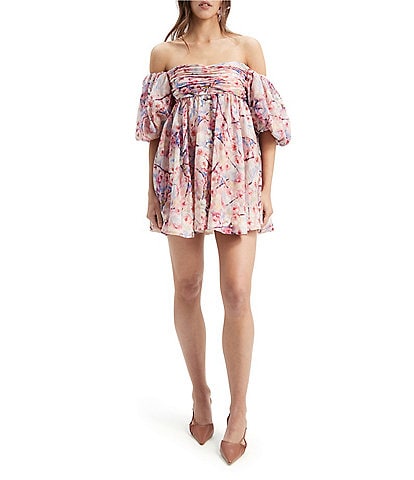 Bardot Kali Floral Print Off-the-Shoulder Short Puff Sleeve Empire Waist Mini Dress