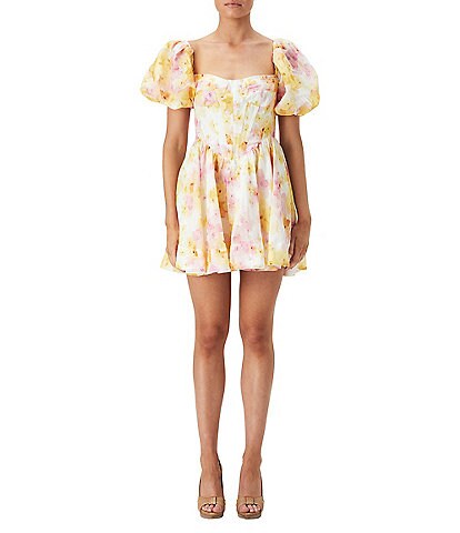 Bardot Kiah Floral Print Puff Short Sleeve Corset Mini Dress