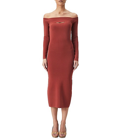 Bardot Laina Long Sleeve Off-the-Shoulder Rib Knit Midi Dress