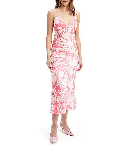 Bardot Malinda Floral Print V-Neck Sleeveless Spaghetti Strap Tie Back Midi Slip Dress