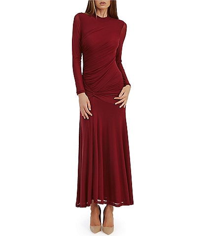 Bardot Mesh Mock Neck Long Sleeve Ruched Bodice Flounce Hem Midi Dress