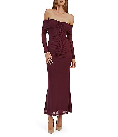 Bardot Off-The-Shoulder Long Sleeve Ruched Mesh Maxi Dress