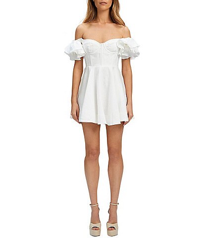 Bardot Sigma Off-The-Shoulder Short Puff Sleeve Corset Bodice Mini Dress