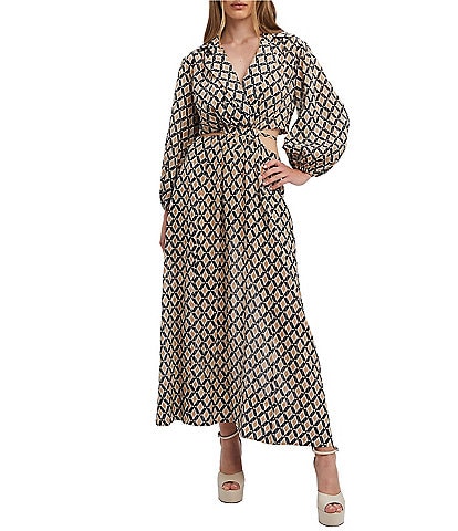 Bardot Stevie Diamond Print V-Neck Long Sleeve Side Cut-Out Midi Dress