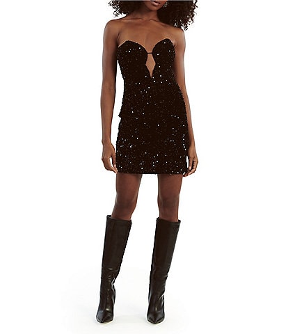 Bardot Sweetheart Neck Velvet Sequin Mini Dress