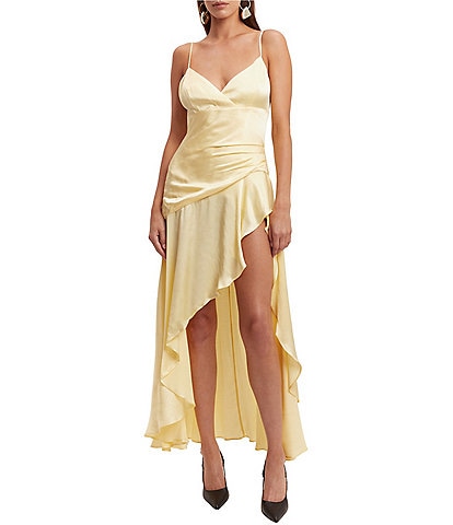 Bardot V-Neck Spaghetti Strap Thigh-High Slit Asymmetrical Hem Dress