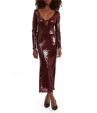 Bardot Verona Sequin Scoop Tie Neck Long Sleeve Scoop Back Maxi Dress