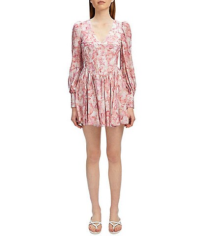 Bardot Zelina Rose Floral Print V-Neck Long Blouson Sleeve Mini Dress