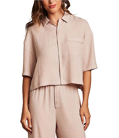Barefoot Dreams Washed Satin Notch Collar Jacquard 3/4 Sleeve Coordinating Cropped Sleep Top