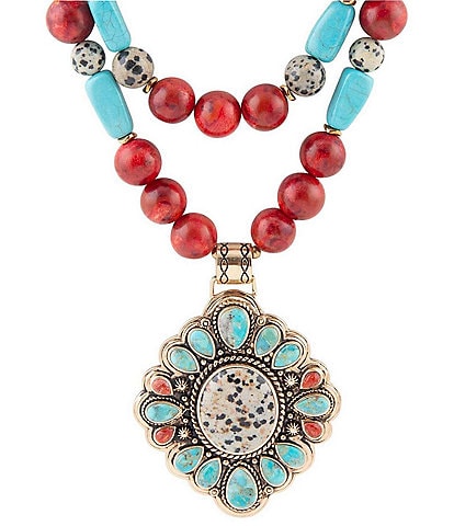 Barse Bronze and Genuine Dalmatian Jasper and Turquoise Magnesite and Coral Stone Statement Necklace