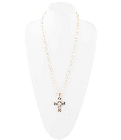 Barse Bronze and Genuine Mother-of-Pearl Cross Long Pendant Necklace