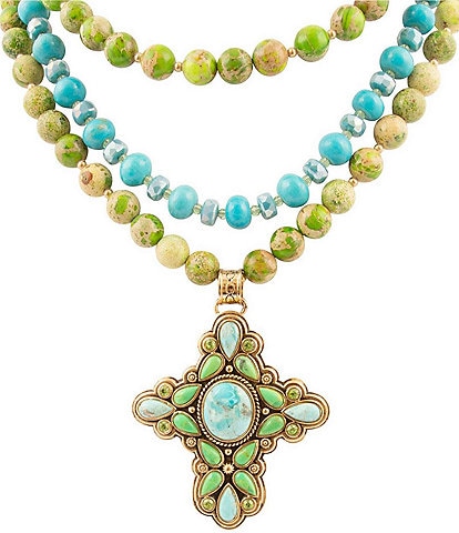 Barse Bronze and Genuine Stone Cross Pendant Statement Necklace
