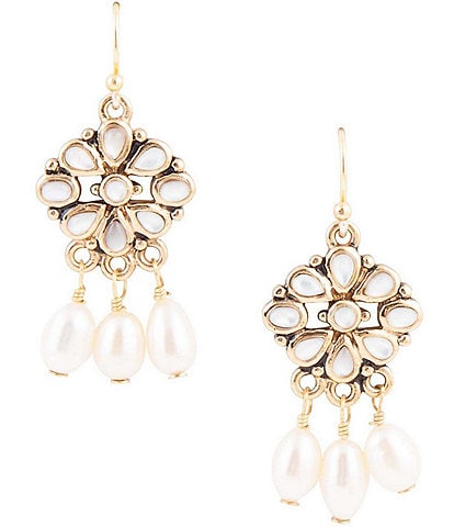 Barse Bronze and Genuine Stone Mother-of-Pearl Floral Chandelier Earrings
