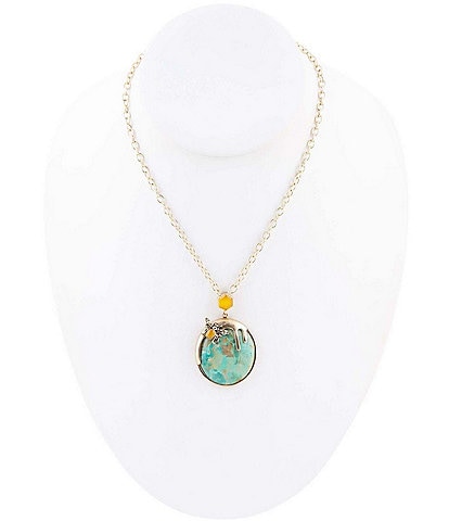 Barse Bronze and Genuine Turquoise and Yellow Agate Stone Bee Short Pendant Necklace