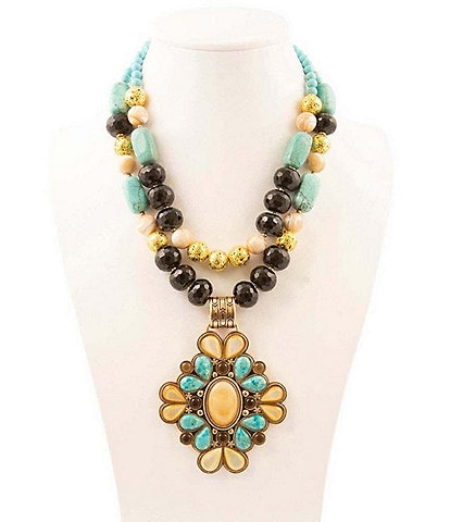 Barse Barcelona Turquoise and Mother of Pearl Layered Statement Pendant Necklace