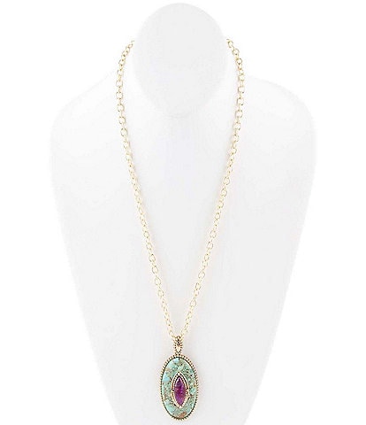 Barse Stacked Stone Blue and Purple Turquoise Golden Pendant Chain Necklace