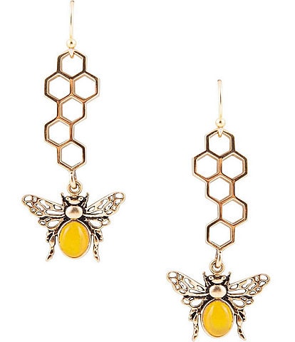 Barse Bronze and Genuine Yellow Agate Stone Honeycomb Linear Earrings
