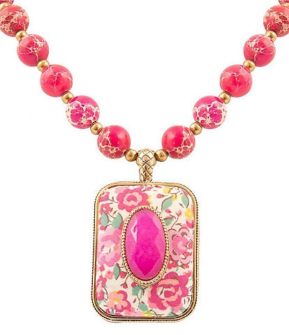Barse Bronze, Fuchsia Agate and Floral Fabric Short Pendant Necklace