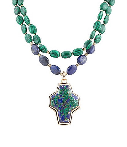 Barse Bronze, Genuine Azurite, Lapis and Synthetic Malachite Cross Pendant Statement Necklace