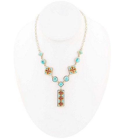 Barse Bronze Genuine Turquoise and Printed Tile Y Necklace