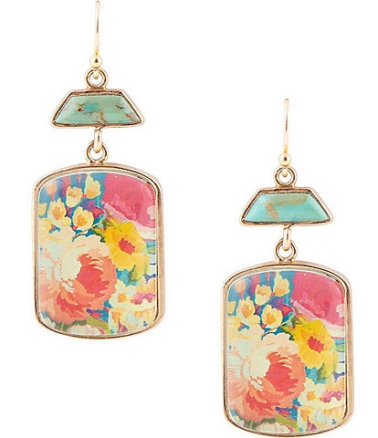 Barse Bronze Genuine Turquoise and Quartz Floral Painting Drop Earrings