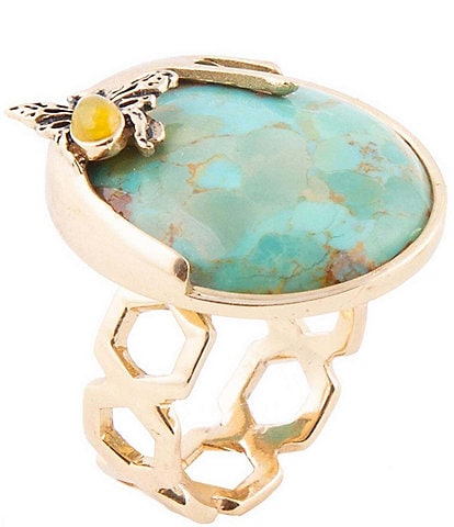 Barse Bronze Genuine Turquoise and Yellow Agate Stone Bee Statement Ring